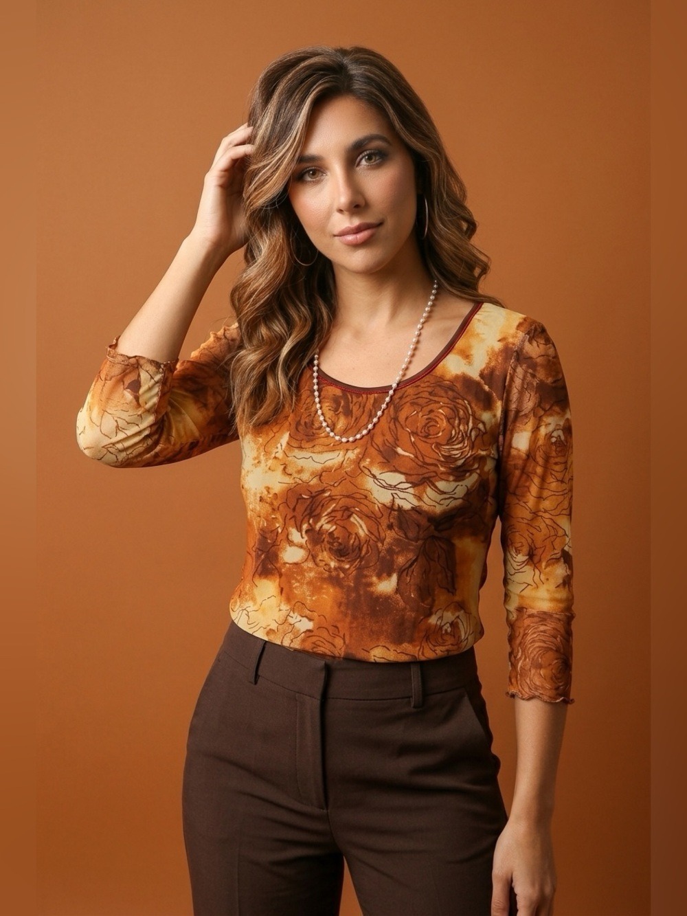 🎁 Brown/Gold Sheer 3/4 sleeve Floral Top (XL) 🎁
